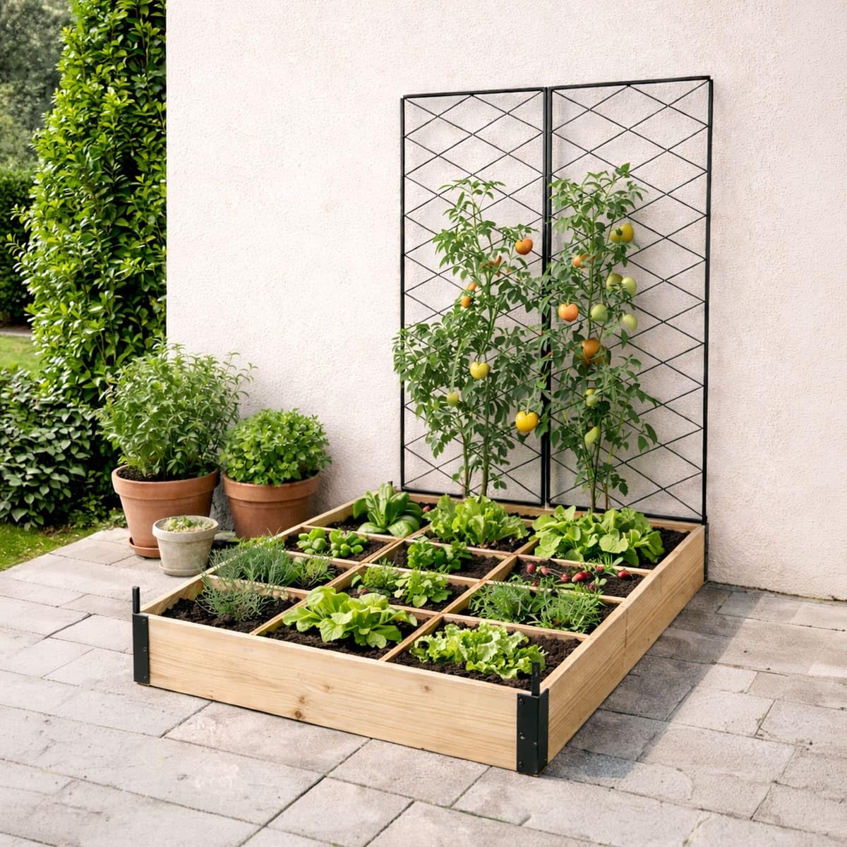 Carré Potager en Bois de Sapin avec Treillis - 115x80x128cm