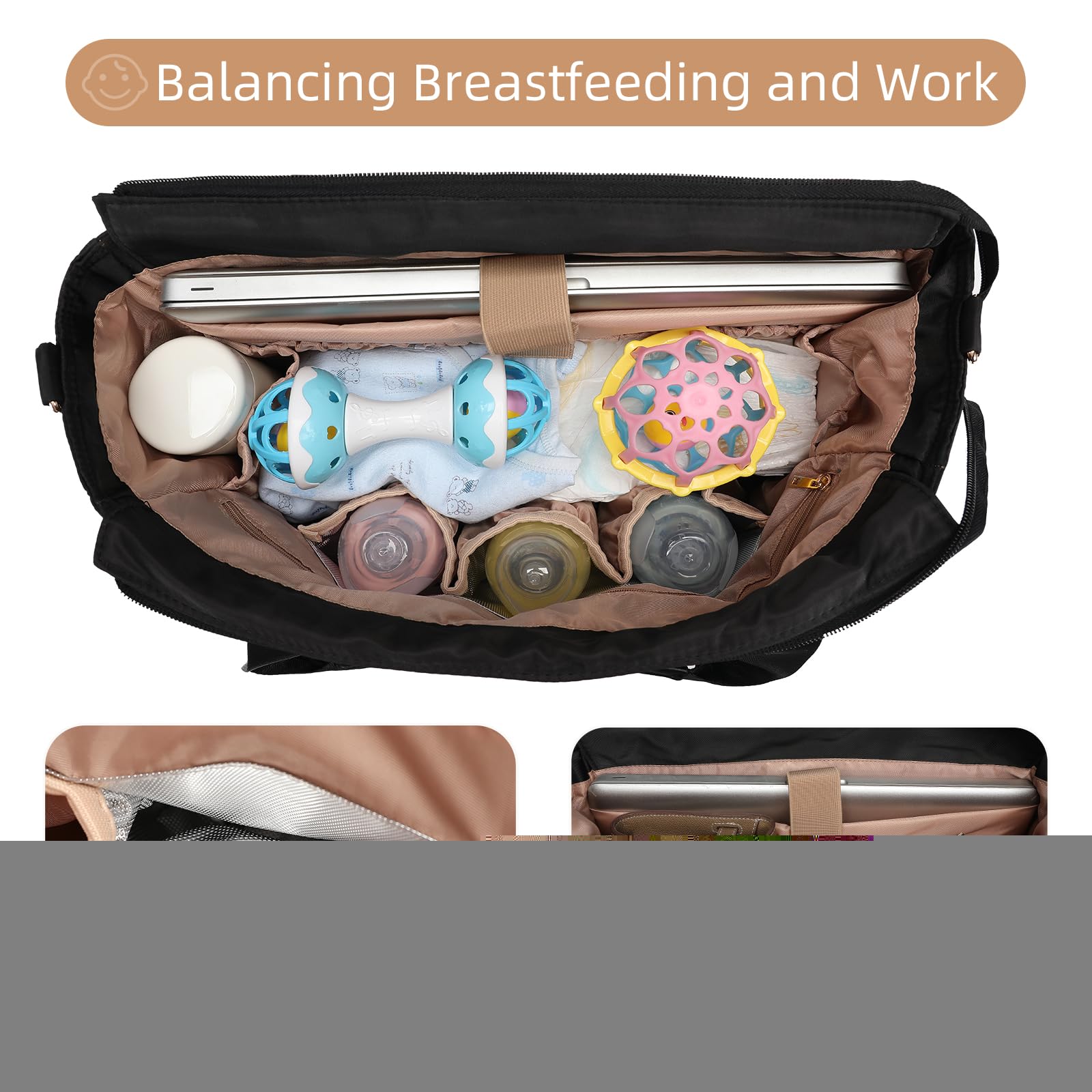 Borsa per pannolini, grande borsa per pannolini con scomparto per laptop e fasciatoio individuale