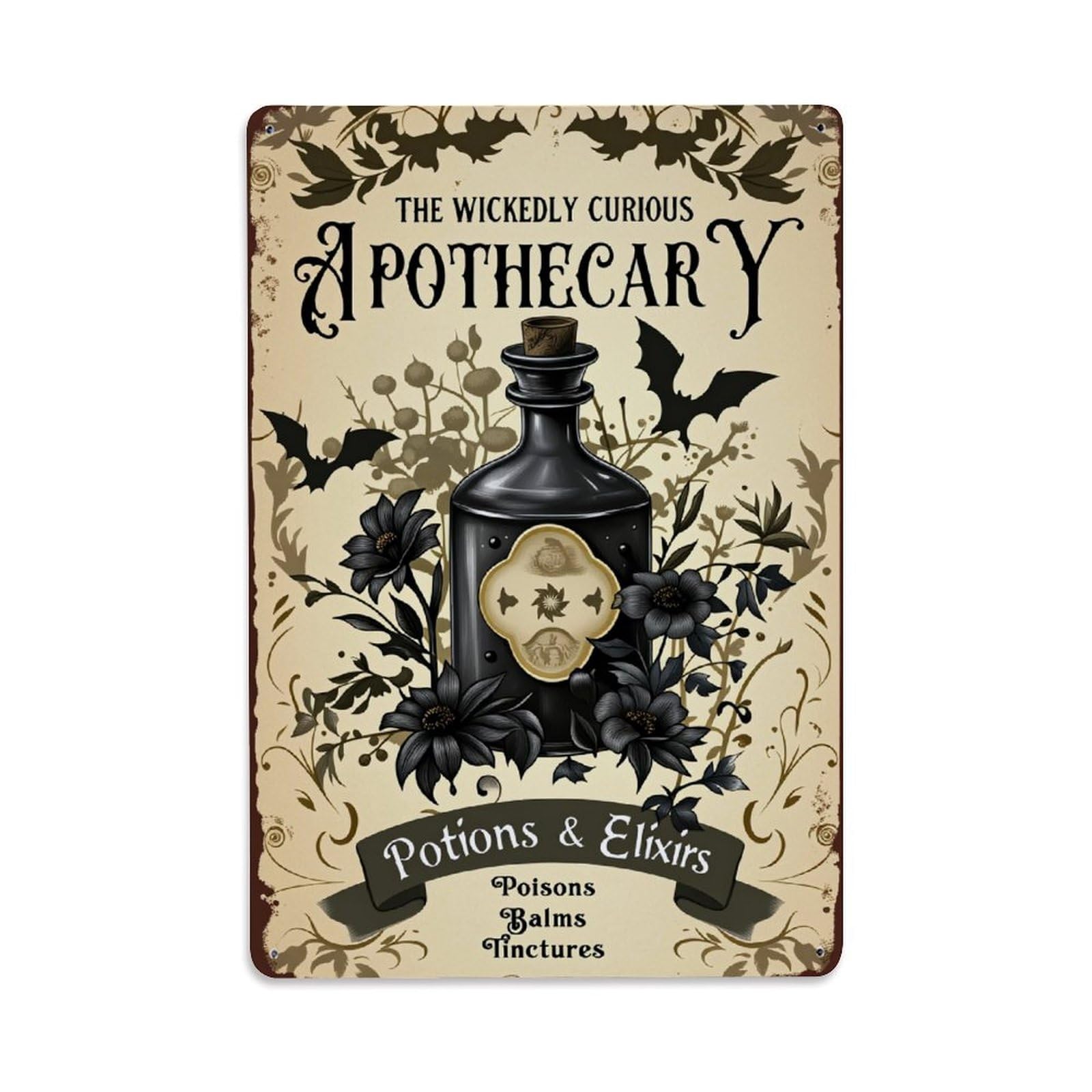 Enderetf Vintage Black Bottle Floral Bats Tin Sign Metal Poster, Home Bar Garage Man Cave Cafe Indoor & Outdoor Wall Decoration 8X12inches