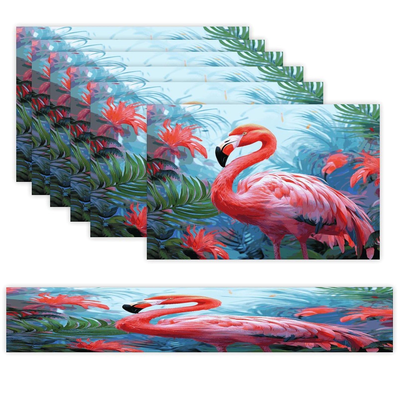 Painted Flamingo Table Runner and Placemats Set of 6 Heat Resistant Table Runner Place Mats Modern Cloth Table Mat Washable Linen Placemat Festive Reusable Set