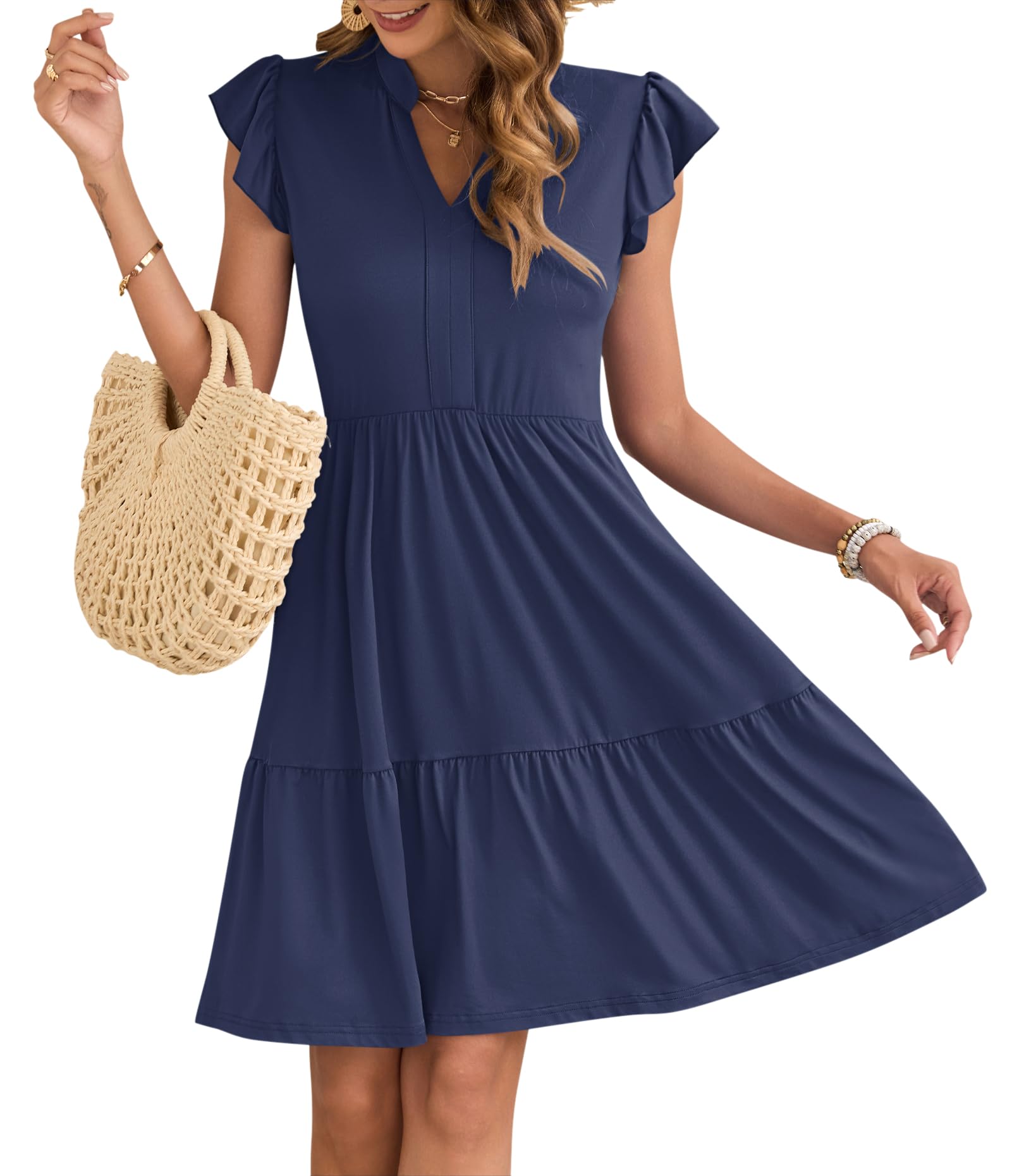 AUSELILY Damen Sommerkleid V-Ausschnitt Kleid Rüschen Ärmel Minikleid Elastische Taille Strandkleid mit Taschen