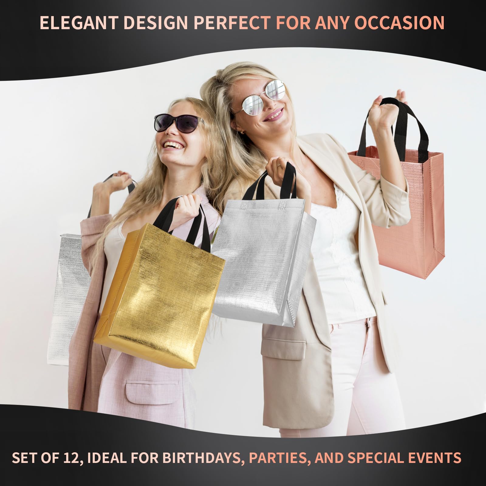 PHOGARY Lot De 12 Sacs Cadeaux Réutilisables Taille Moyenne Avec Poignées - Or, Argent, Or Rose - Parfaits Pour Anniversaires Et Mariages
