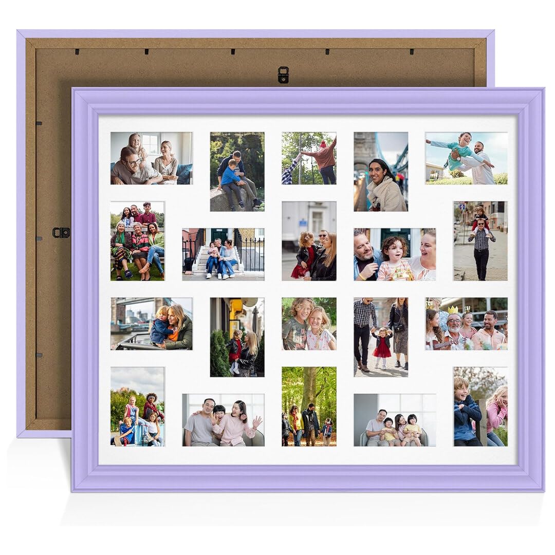 Alison Kingsgate Purple 80x70cm Photo frames for multiple pictures - 20 Apertures Collage Frame with White Mount - Holds (18x) 6x4 & (2x) 4x4 Photos - Engineered Wood & Perspex