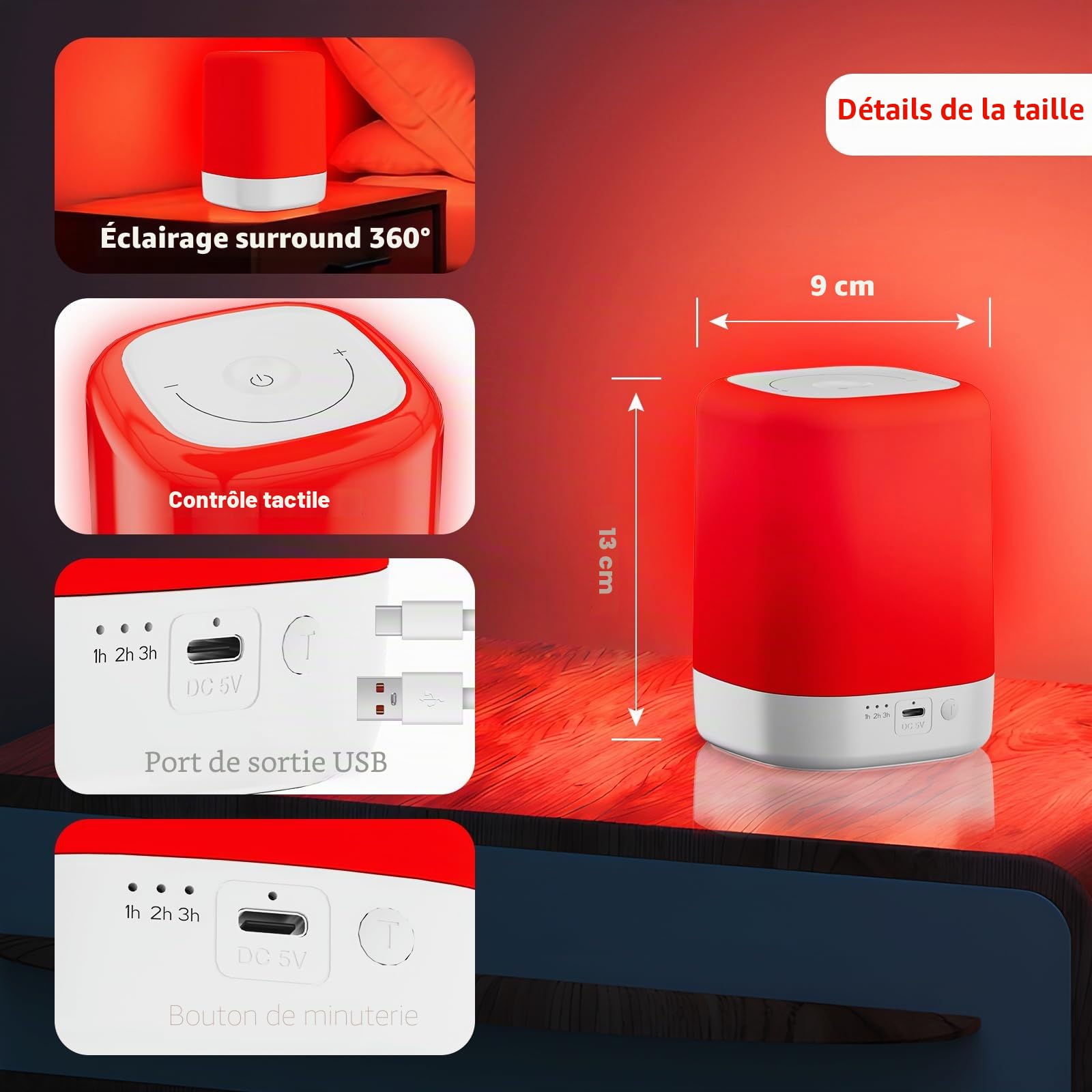 Lampe de thérapie lumineuse rouge pour le sommeil, lumières de nuit rouges avec une longueur d'onde de 670 nm, lampe de nuit rouge pour favoriser une relaxation profonde et améliorer le sommeil pour