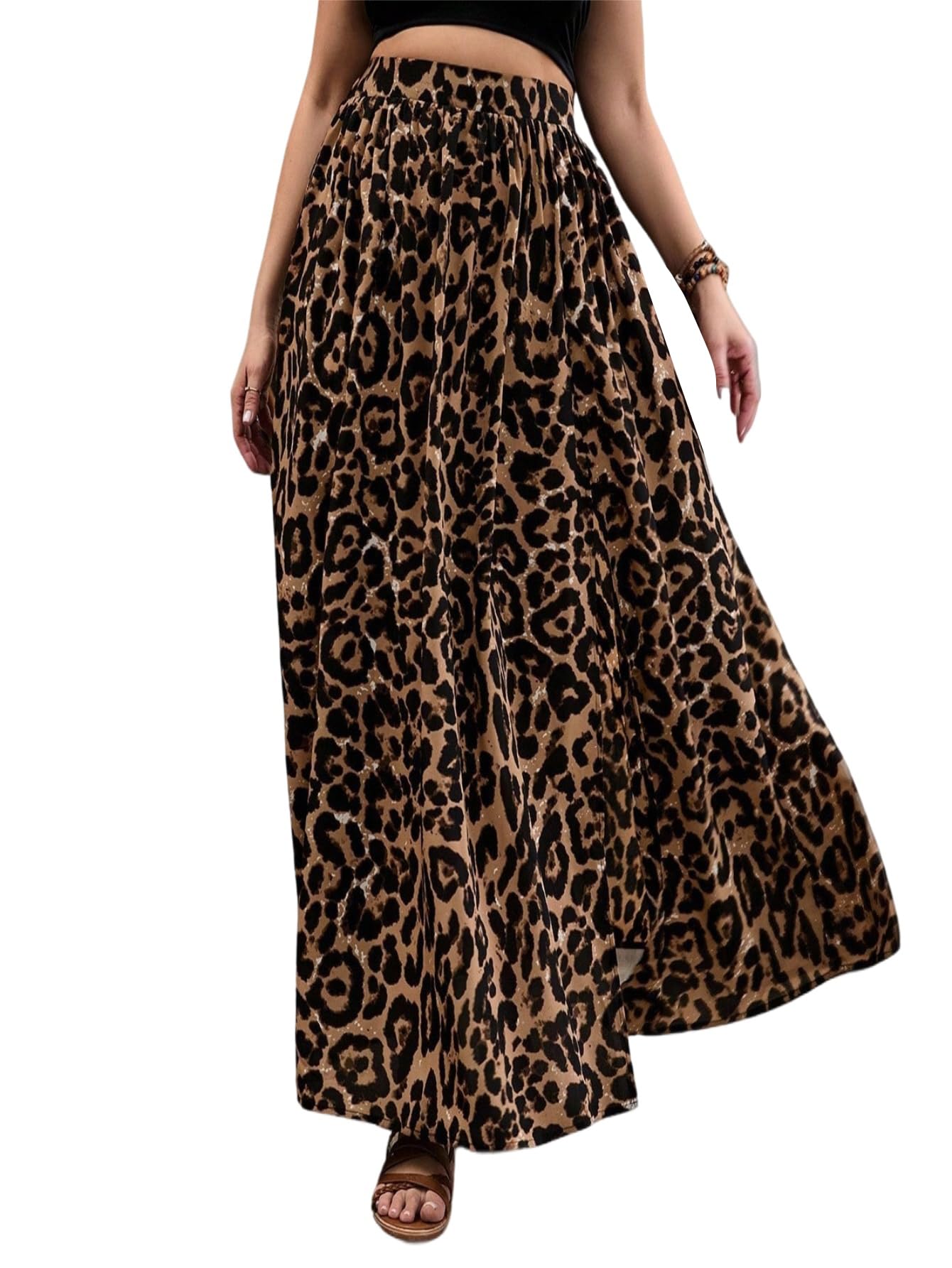 GORGLITTER Leo Gonna lunga da donna con fessura, maxi gonna con motivo leopardato, per il tempo libero, per l'autunno, per il festival