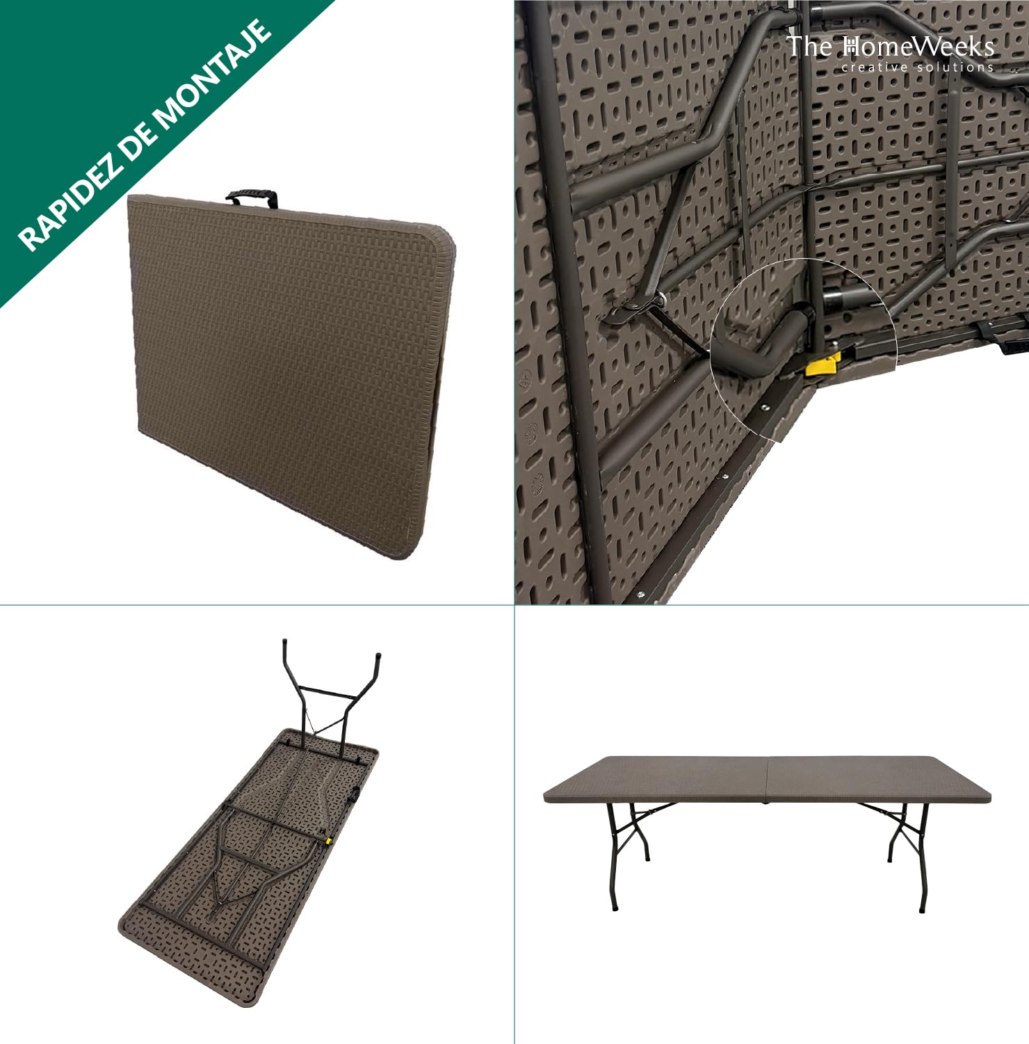 The Homeweeks Mesa Plegable Solid Efecto Ratan Marrón 180cm | portátil | Normativa Uso público | INT/ext | Tablero Resina HDPE 3,5cm | Capacidad 6/8 pers. | Carga 150 kg.