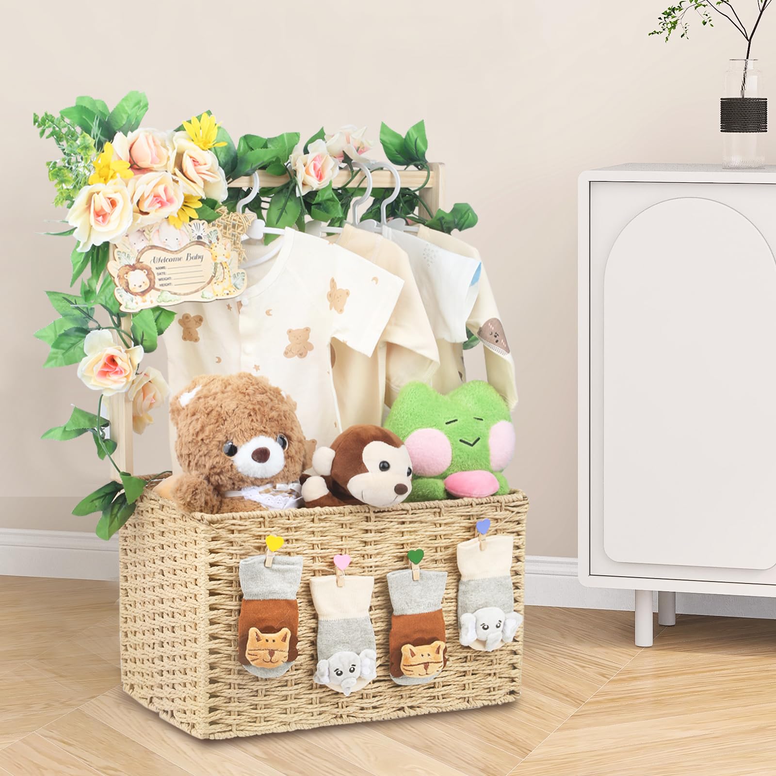 Wisreach Armario de madera para baby shower, cesta de almacenamiento plegable tejida a mano para regalos de baby shower, cesta de regalo de bienvenida para recién nacidos, niños y niñas, regalos de
