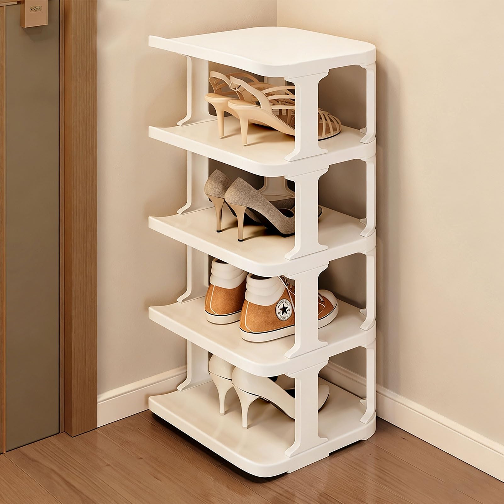 Étagère à chaussures extensible empilable à 5 niveaux pour économiser de l'espace avec design étroit incurvé pour placard, entrée et chambre à coucher (blanc jusqu'à 8 niveaux)
