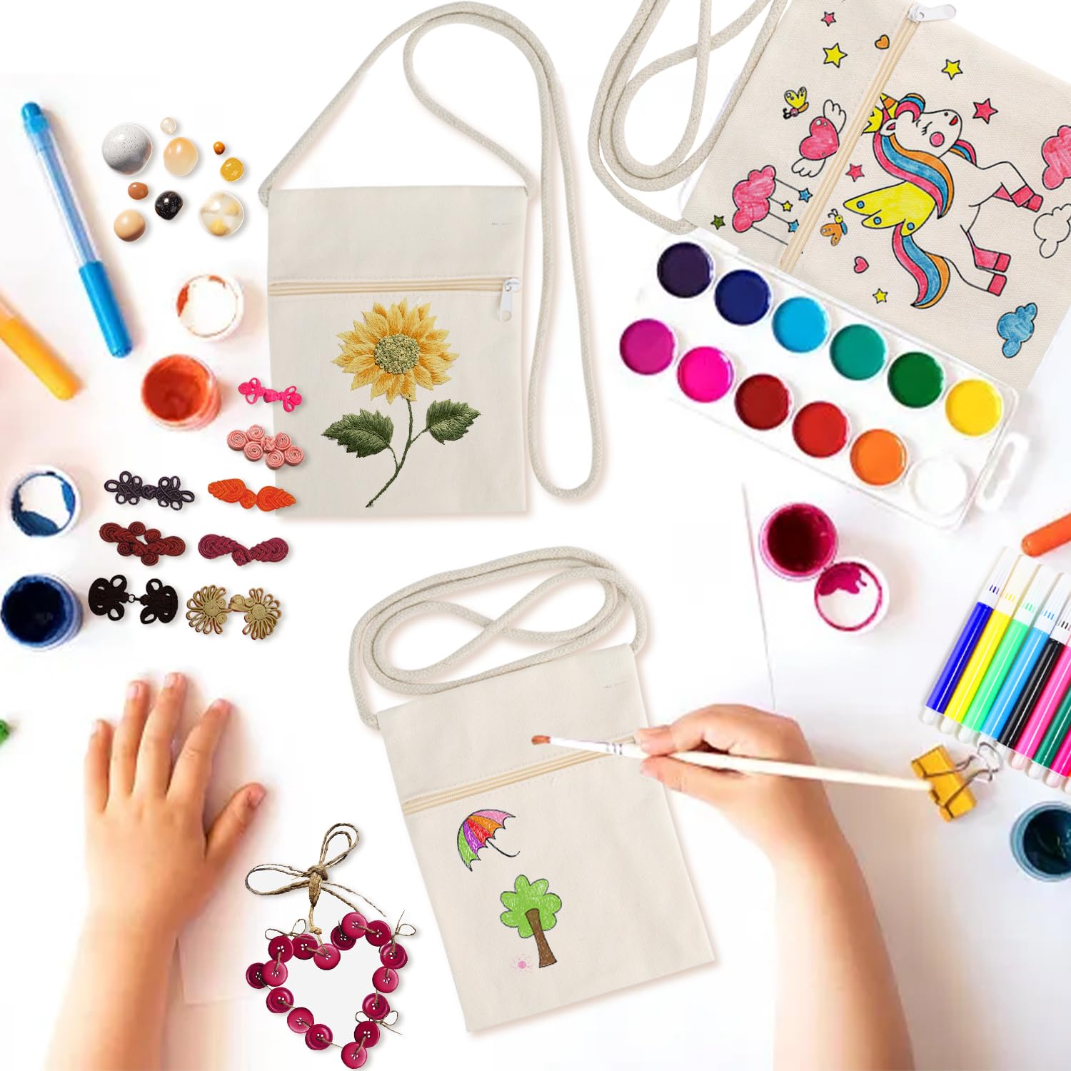 YANJIY Malbeutel Set - 6 Stoffbeutel Mit Aquarellstiften Für Kinder Kreativset