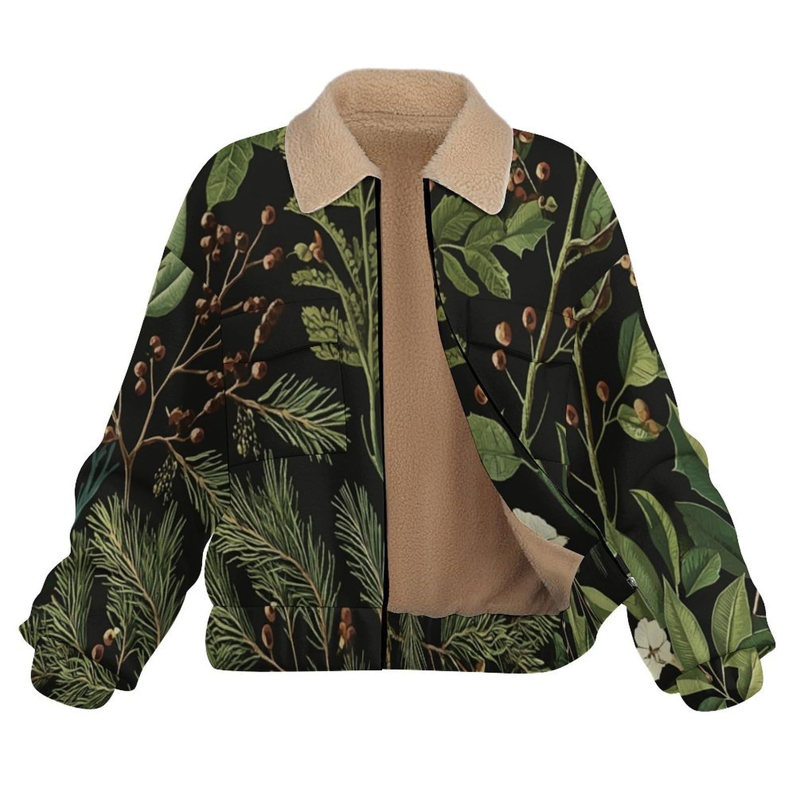 Giacca in Pile Caldi da Donna, Pianta Moda con Stampa a Foglie di agrifoglio e pigne, Invernale, a Maniche Lunghe, con Chiusura Lampo, Spessa, Comoda, con Tasche