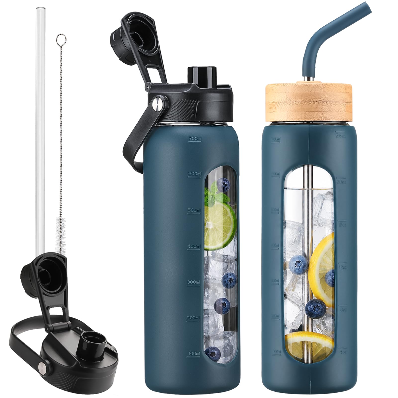 24 oz Glass Water Bottle with Straw and 2 Lids, Dark Blue