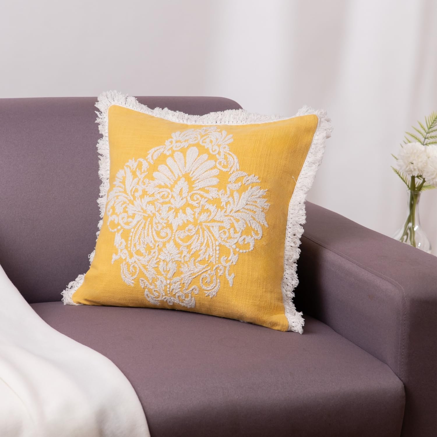 haus & kinder Decorative Embroidered Cushion Cover | Regal Radiance Throw Cushion Cover for Sofa, Living Room | Cotton Cushion Covers 16 Inch X 16 Inch
