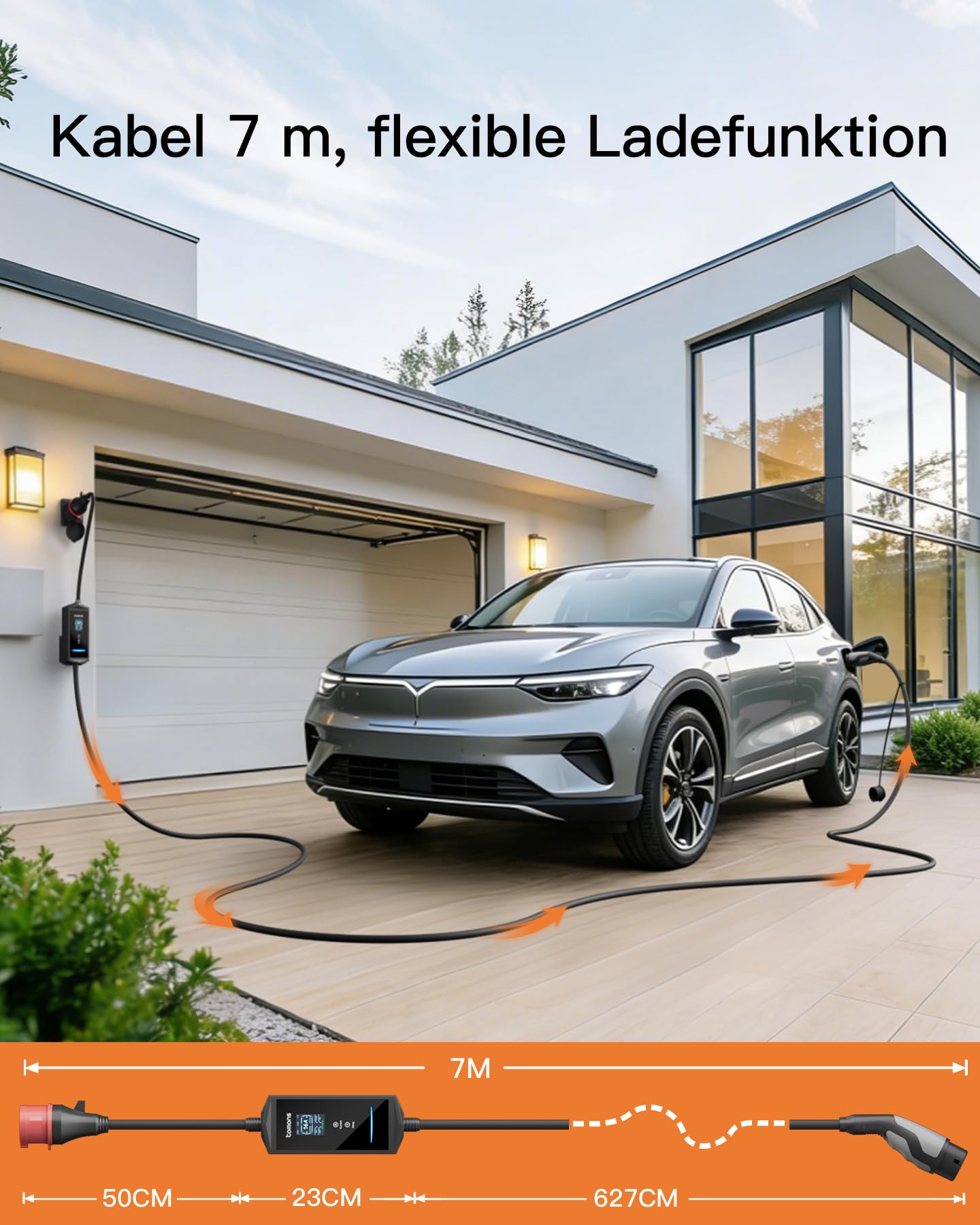 tomons Elektryczna ładowarka samochodowa APP 11 kW, 7 m 6-16A, typ 2 trójfazowa CEE z uchwytem ściennym, LCD 2,4", opóźnione ładowanie, kompatybilna z Tesla Model 3/Y, Volkswagen ID. & VE IEC 62196-2