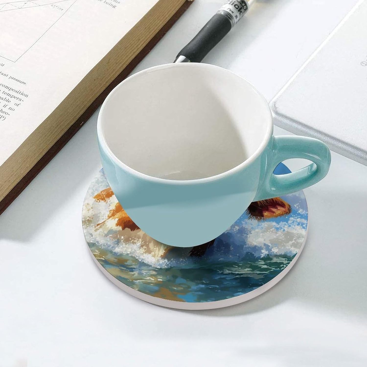 Surfing Cow Waves Round Ceramic Coasters Print Drinks Absorbent with Cork Base for Home Decor Gifts 4 Inch