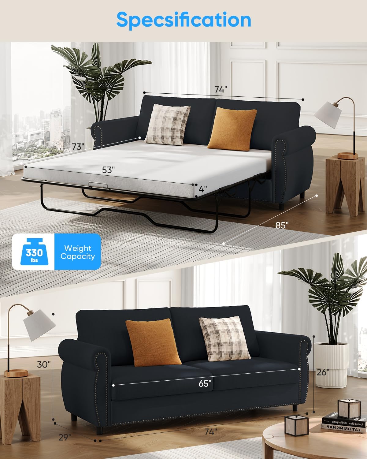 2 in 1 Sofa Bed, Queen Size Linen Fabric Pull Out Couch with Folding Foam Mattress, Convertible Loveseat Sleeper Sofa with Nailhead Trim for Living Room, Bedroom, Apartment-Grey