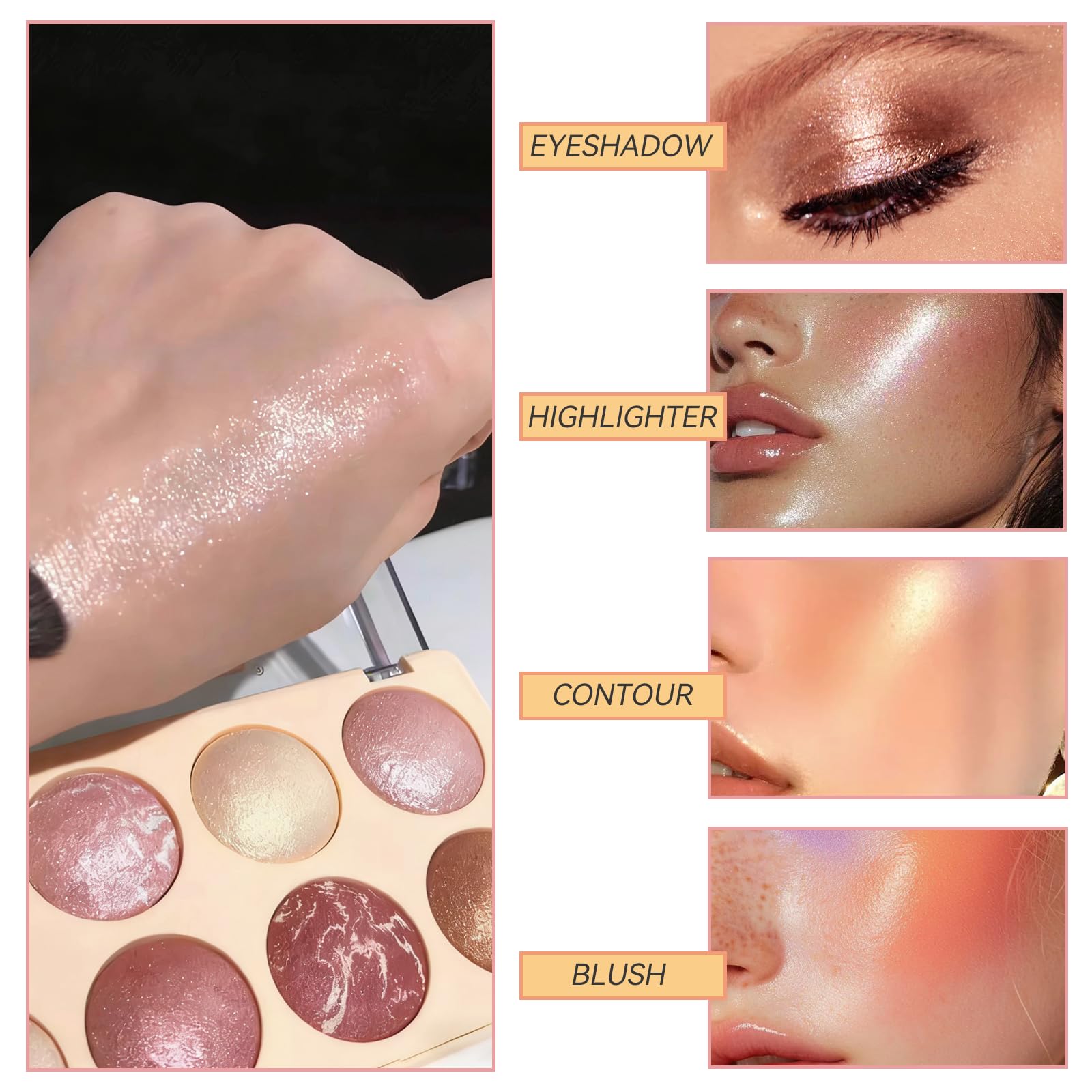 K'APEINE Puder-Palette, 8 Farben, Pink Gold Braun, Gesichts-Highlighter, Lidschatten, Rouge, Kontur-Make-up-Palette, für alle Gesichter, gebackenes Make-up-Set, mischbarer Highlighter für Damen