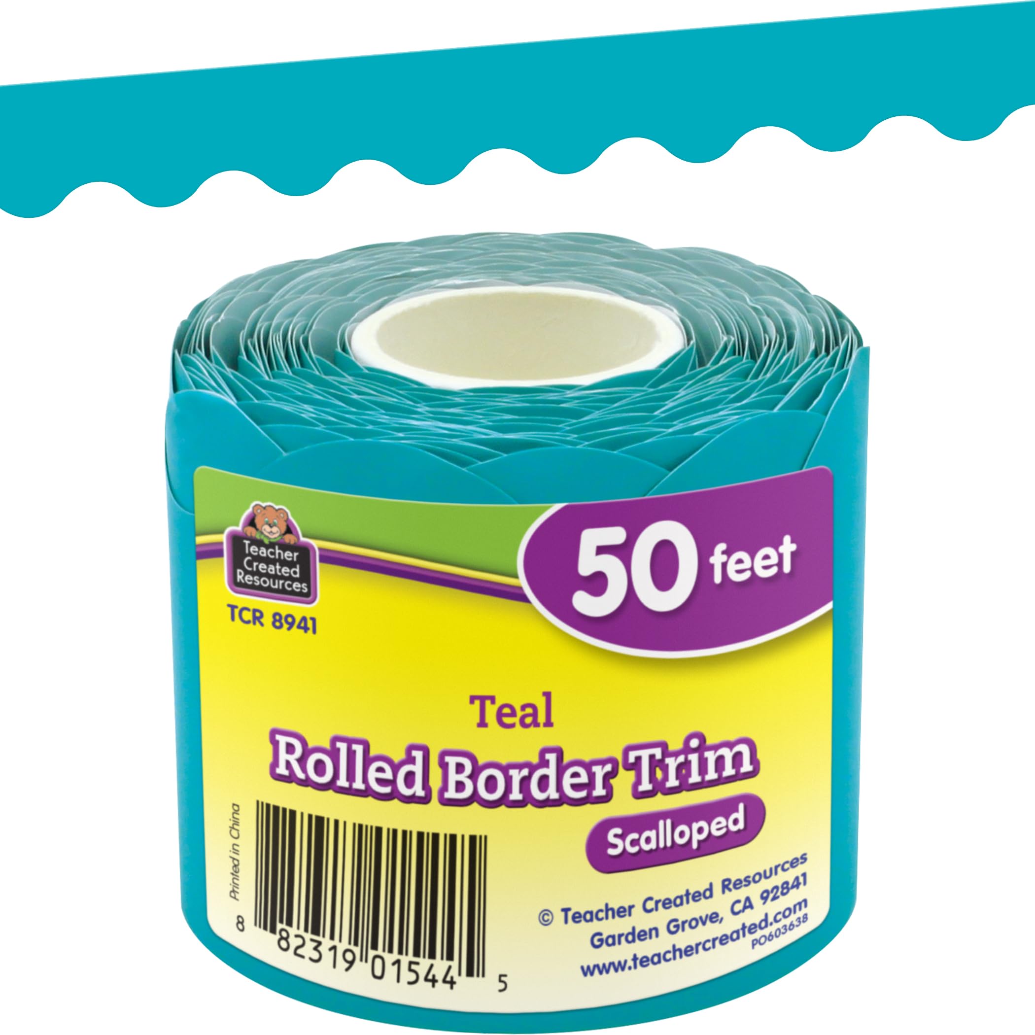 Teacher Created Resources Teal Scalloped Rolled Border Trim - 50ft - Decorate Bulletin Boards, Walls, Desks, Windows, Doors, Lockers, Schools, Classrooms, Homeschool & Offices