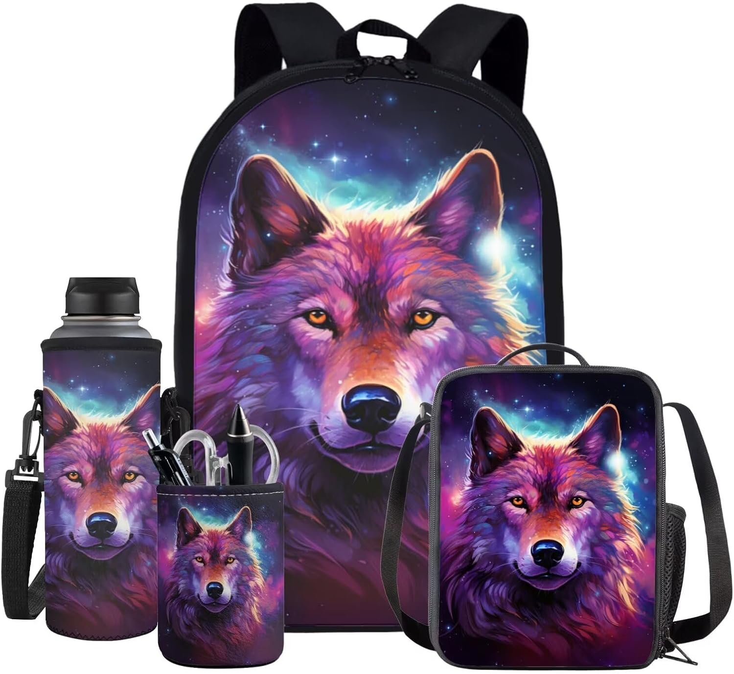 Galaxy Wolf Backpack for Girls Kids Backpack with Lunch Box Water Bottle Holder and Pen Holder 4 in 1 Cute Bookbag Set for School Teens Large School Bag with Side Pocket for Elementary Girls