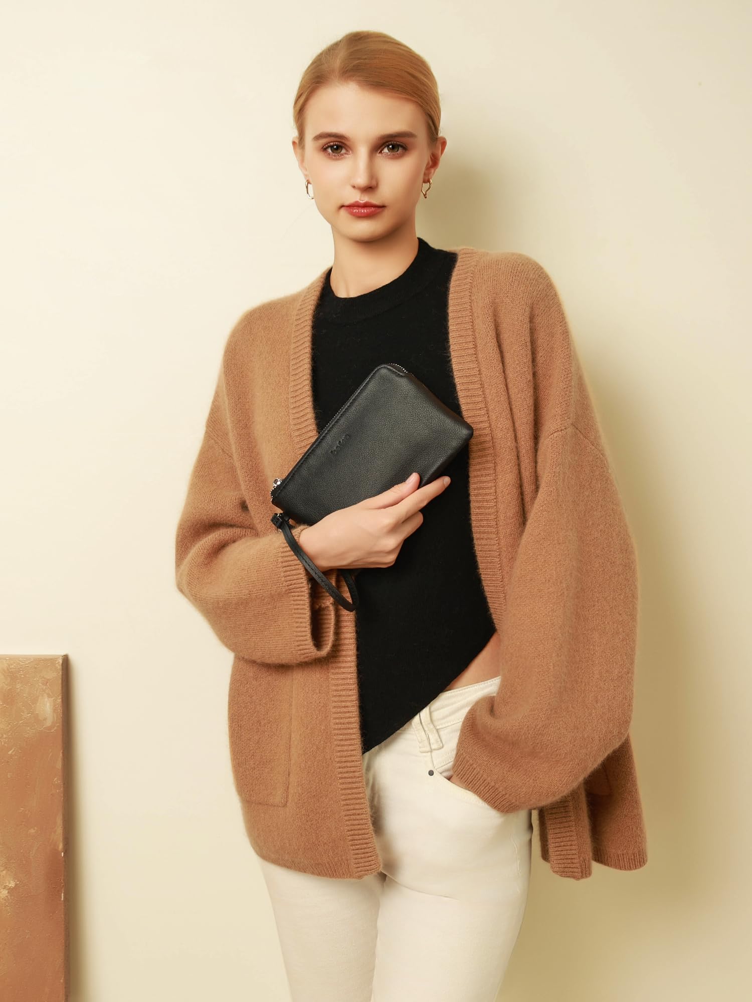 befen Women's Genuine Leather Wristlet Clutch Purse Ladies Slim Corner Zip Wallets, Silver Zipper (A01 Black)