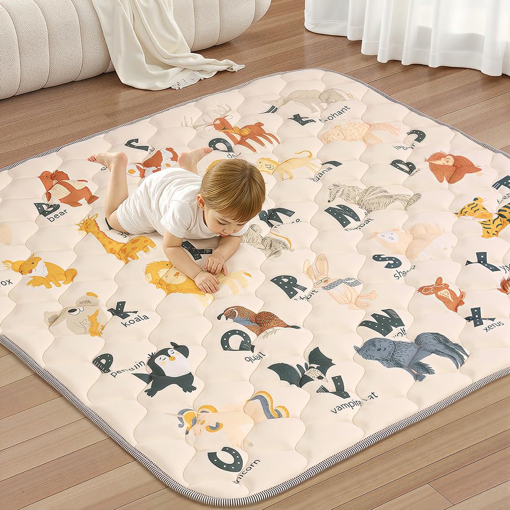 COMOMY Alfombra Bebe Acolchada Plegable 127x127x2,5 cm, Colchoneta Bebe Suelo Lavable para Parque Infantil, Tapete Antideslizante para Gateo y Juegos de Bebés, Niños - Beige