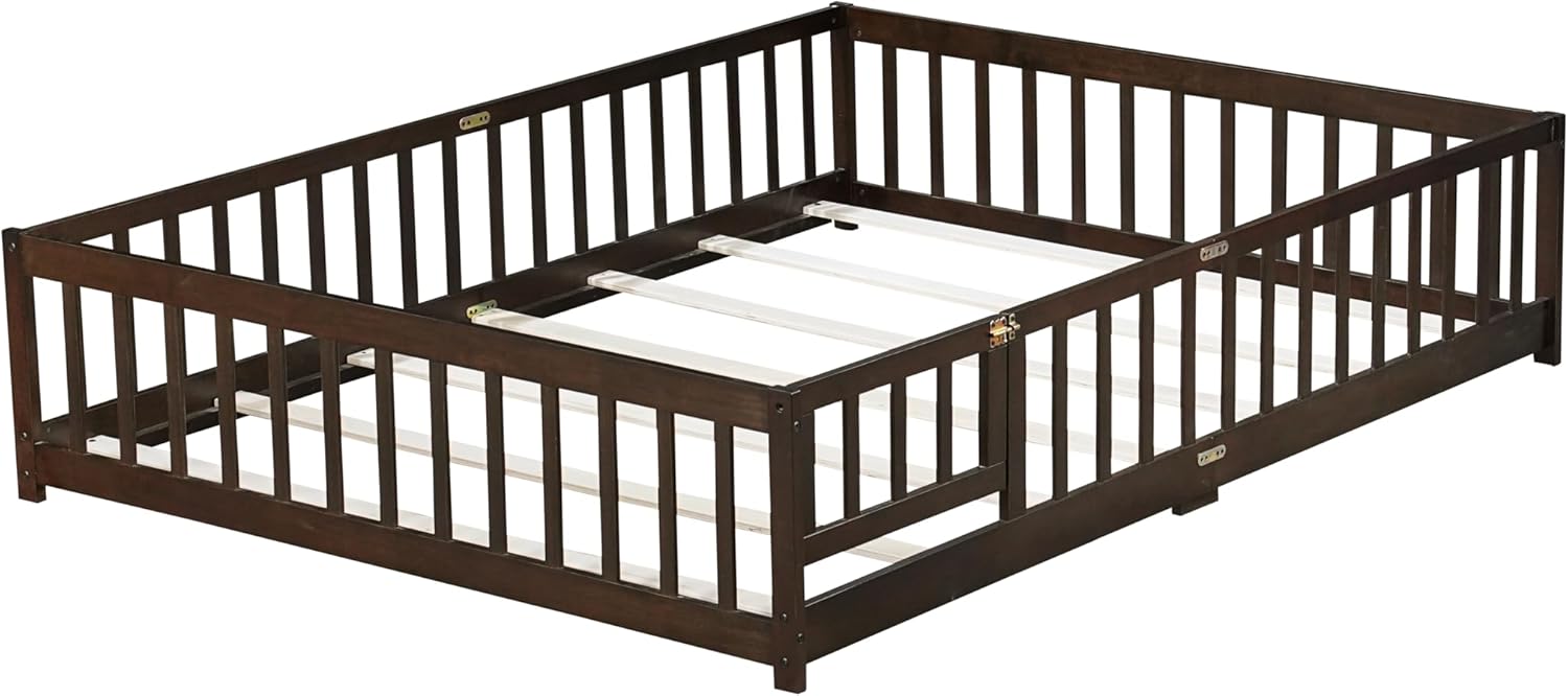 Bellemave Queen Size Floor Bed for Kids, Girls, Boys, Rubber Wood Floor Bed with slats and Door/Rails/Fence, Espresso