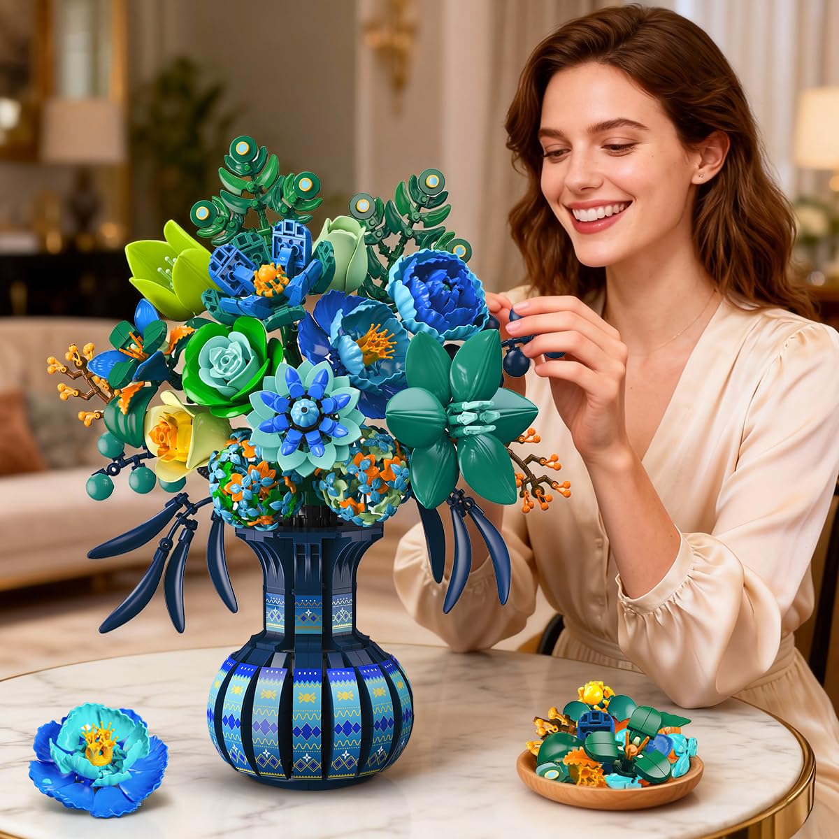 Plaxsoon Set Fiori con Vaso per Adulto, Bouquet Botanico in Mattoncini
