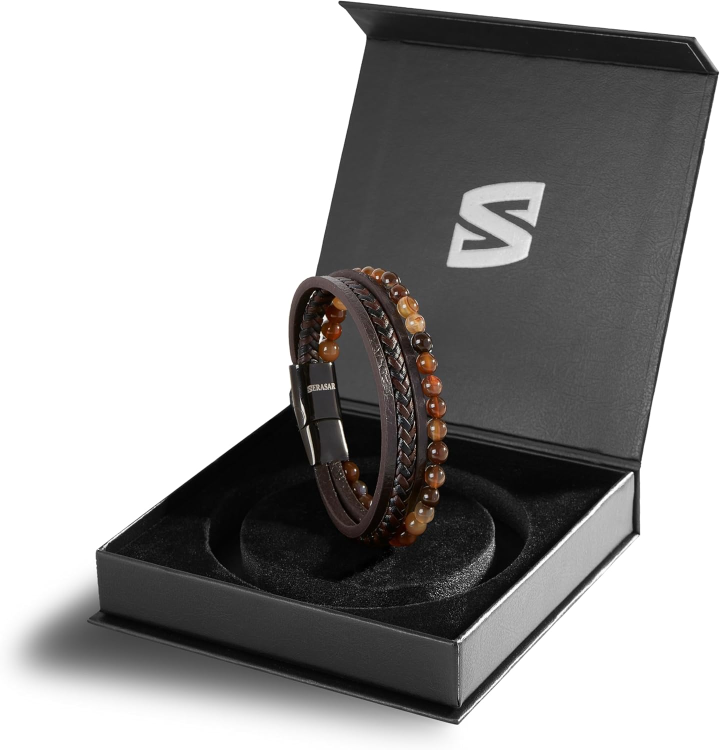 SERASAR | Premium Bracelet for Men in Genuine Black & Brown Leather | Magnetic Stainless Steel Clasp | Jewelry Box Included | Great Gift Idea - Image 2