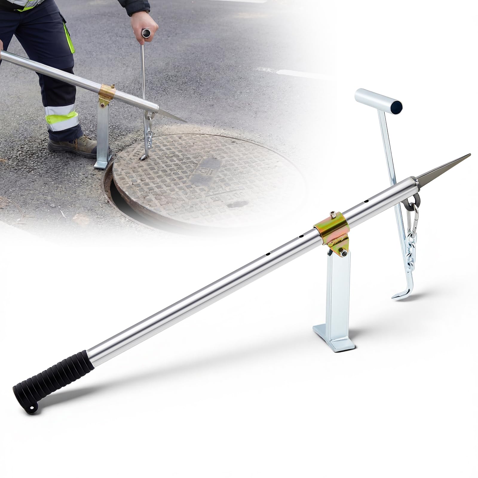 Wesiti Elevador de tapa de boca de acero inoxidable de 34.5 pulgadas con ganchos y conectores tipo O, herramienta de gancho de palanca todo en uno para obras de construcción, reparaciones