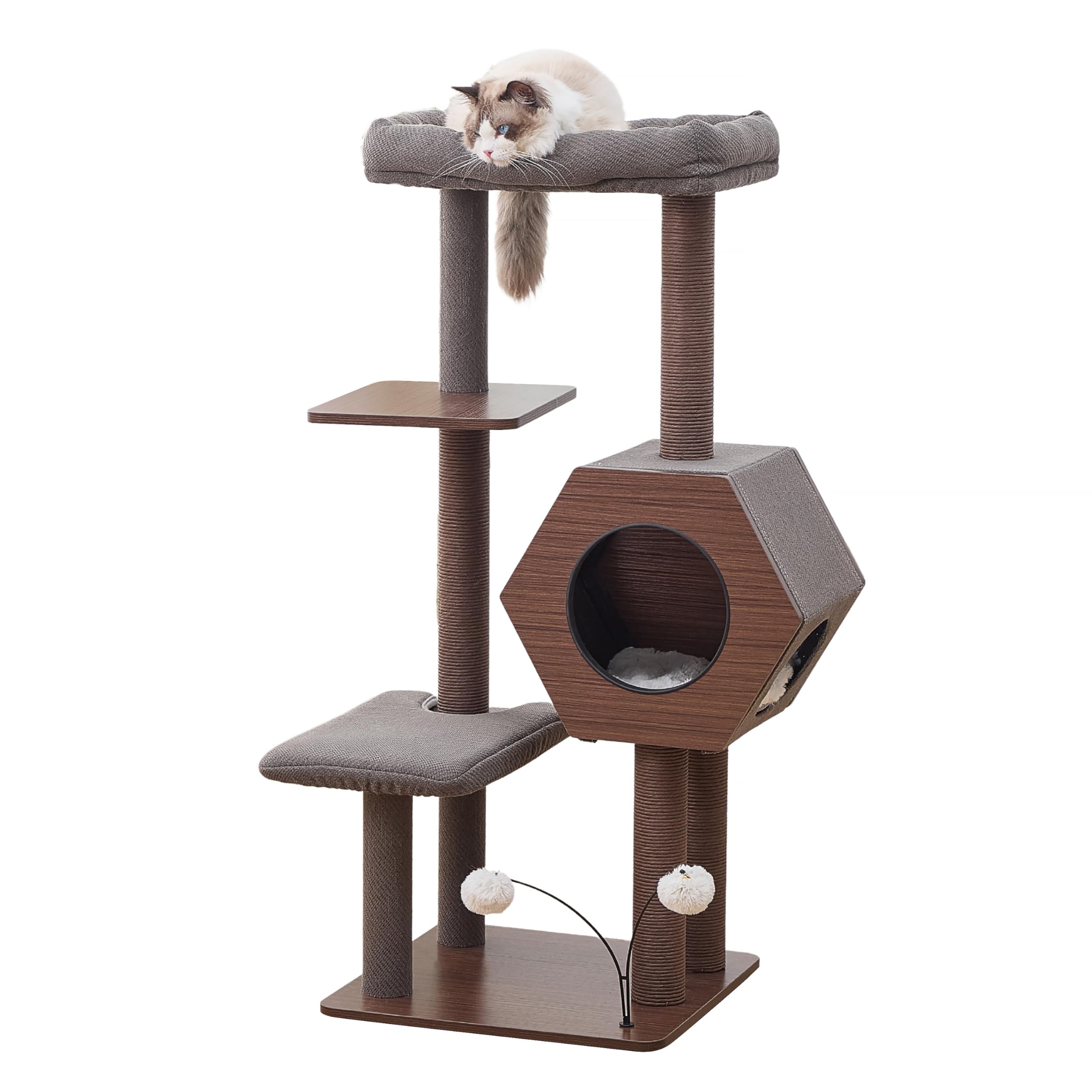 PetPals 5-Level 46.4” Mid-Century Modern Cat Tree with Hexagon Condo, Replaceable Recycled Paper Rope Scratchers, Washable Bed&Toys, Quick Assembly, Ideal for Medium Cats,Dark Brown