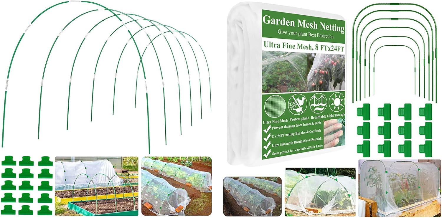 Garden Mesh Netting Kit, Plant Cover 8x24Ft Ultra Fine Mesh Netting & 6Pcs Garden