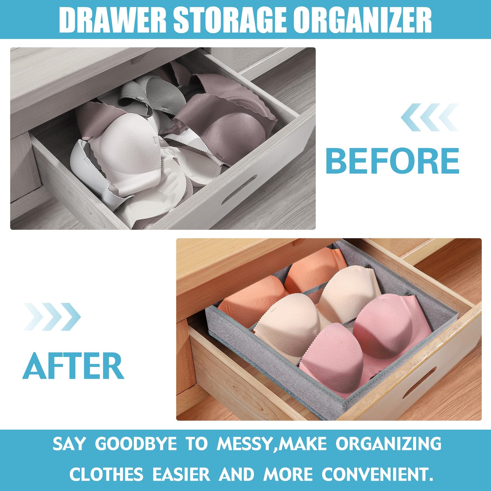 Organizador de cajones de almacenamiento para sujetador, ropa interior, tocador, cajones, divisores, cubos de almacenamiento plegables para brasier, ropa interior, paquete de 3 (gris)