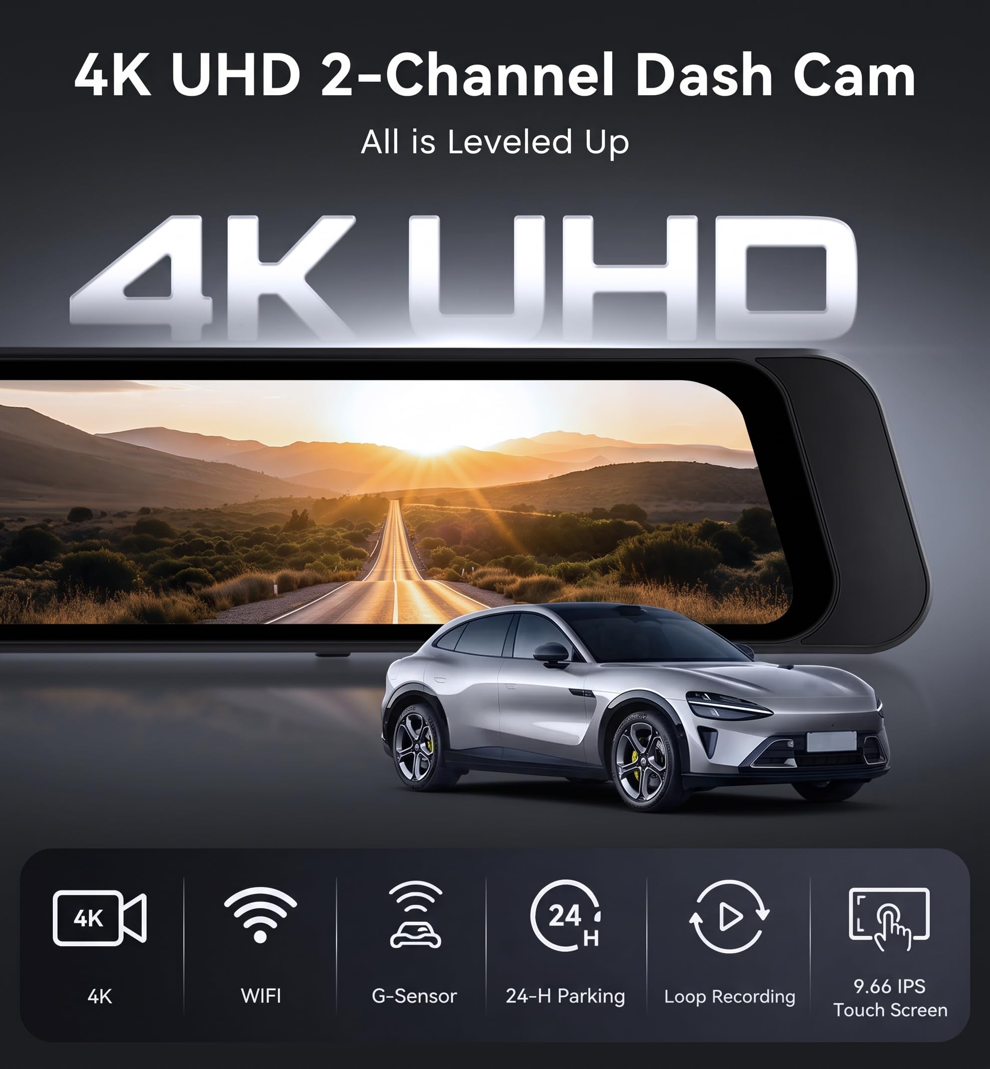9,66" 4K Lusterko wsteczne z kamerą tylną, z przodu i z tyłu z dwoma obiektywami do samochodu, ekran dotykowy IPS, WiFi, G, czujnik, karta 64 GB
