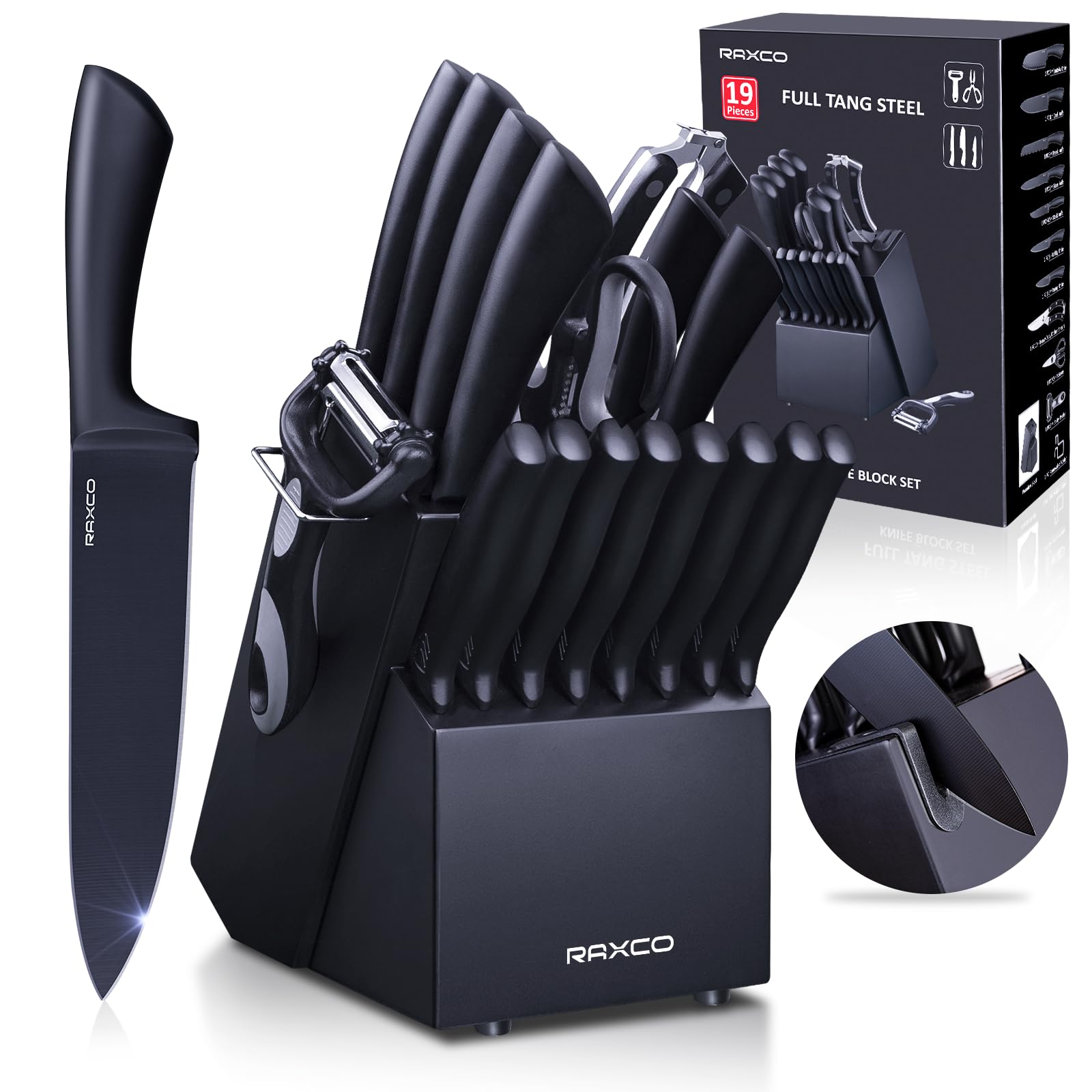 RAXCO Knife Set Black,19Pieces Knife Set For Kitchen With Block-6 Kitchen Knives,8 Steak Knives (Jet-Black)
