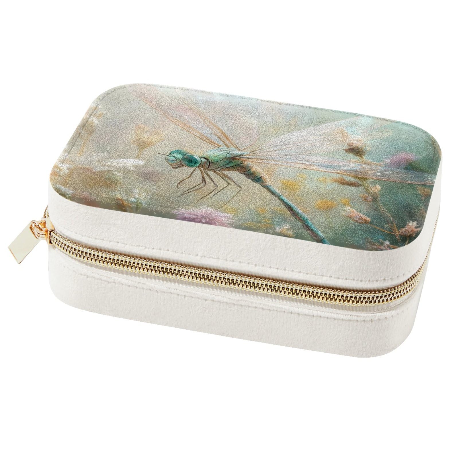 Boîte à bijoux portable libellule et fleur rose, petit organiseur de voyage pour bagues et colliers