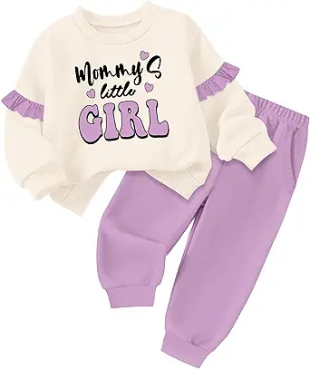 Toddler Girl Clothes Ruffle Long Sleeve Baby Girl Clothes Solid Crewneck 2pcs Outfits Sweatshirt Pant Sets 12M-4T