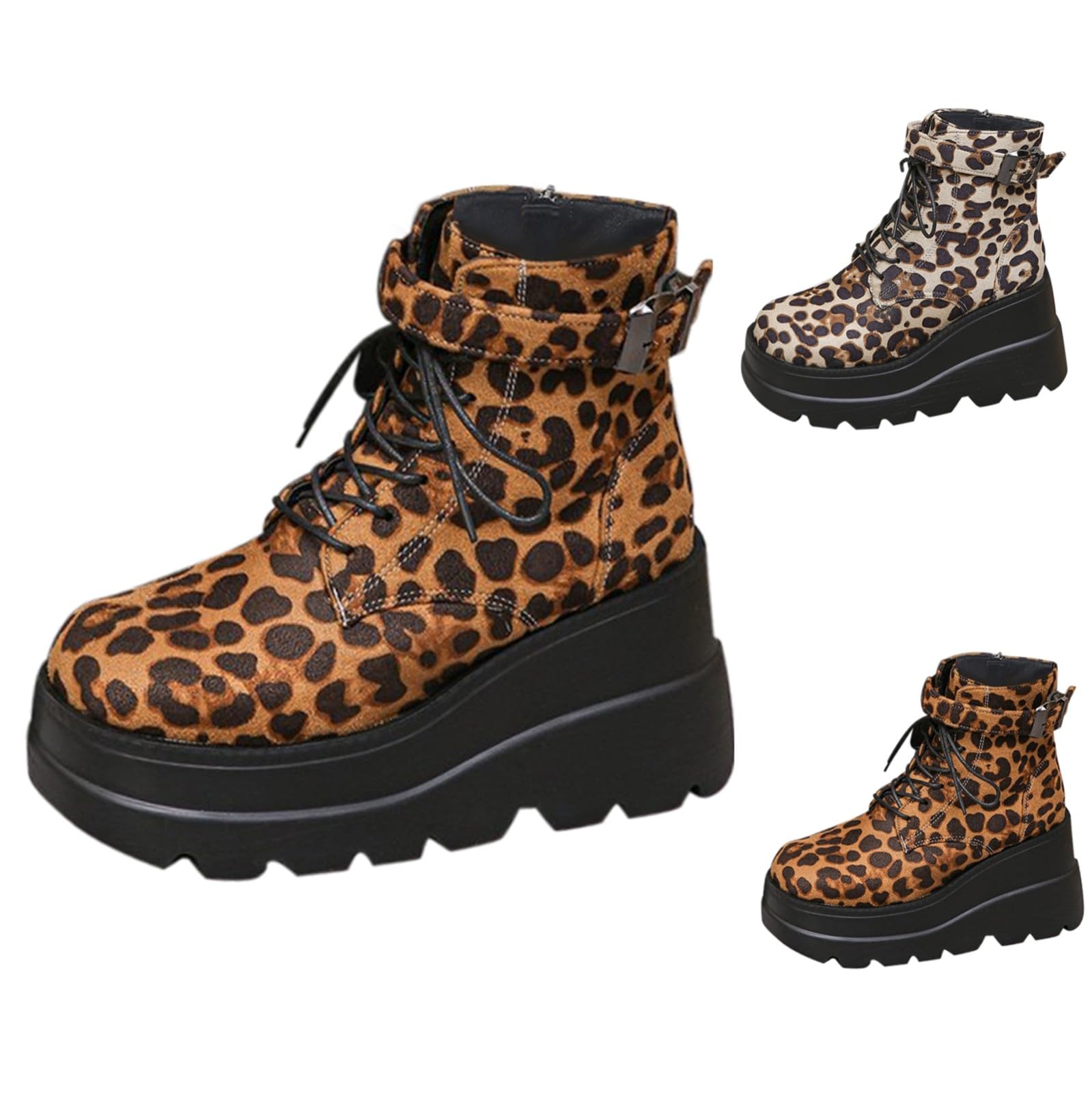 Botas de tobillo para mujer, para primavera, otoño e invierno, puntera redonda, estampado de leopardo grueso, a la moda, con cremallera lateral, para motocicleta, talla grande, informales, color