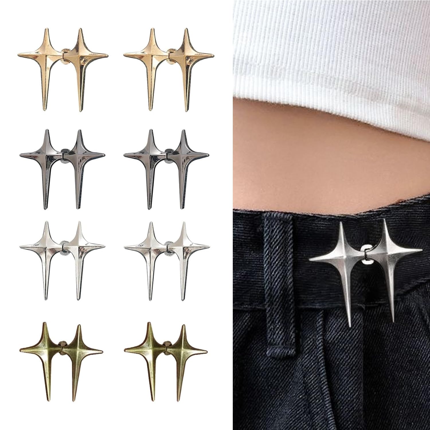 4 Sets Stars Adjustable Star Buttons Clip Waist Pin Adjuster Pant Waist Tightener Metal Clips Decorative Reusable No Sew Jean Buttons Pins for Loose Jeans Pants Shirts Clothes (4 Colors)