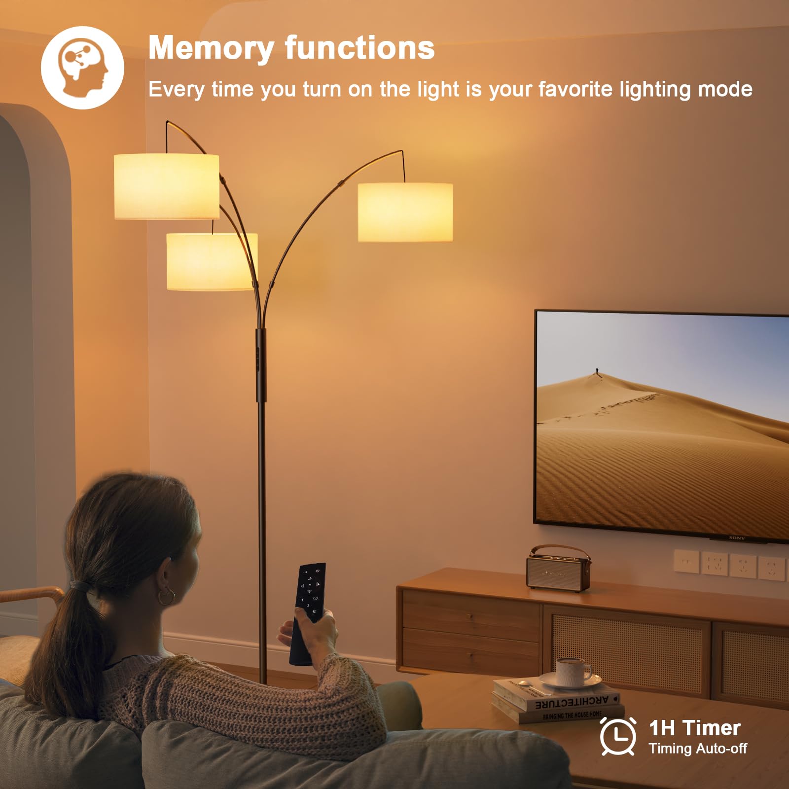 SIBRILLE 36W Bogenlampe Stehlampe mit Weiß Stoffschirm, 3000LM Superhelle Stehlampe mit Fernbedienung & Touch, LED Stehlampe Dimmbar, 187cm Stehleuchte für Wohnzimmer Schlafzimmer Büro