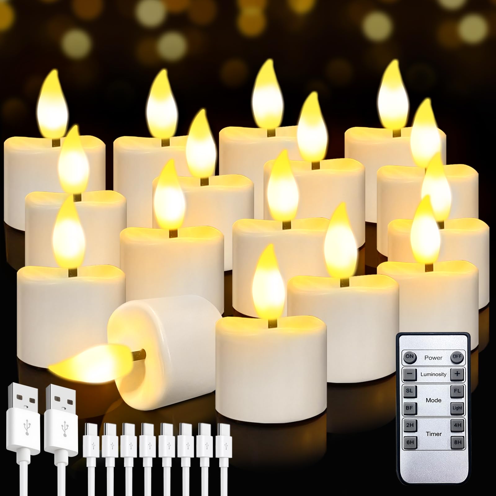 Bowfar Wiederaufladbare Teelichter, 16 Stück Aufladbar LED Kerzen Flackernde mit Fernbedienung und Timer, Elektrische Teelichter mit 8-Port USB-C Kabel für Zimmer Party Halloween Tisch Weihnachtsdeko