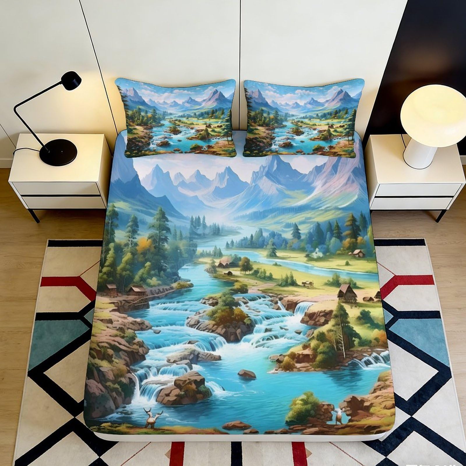 3D Printed Mountain River Fitted Sheet Microfiber Soft Breathable Scenic Landscape Bed Cover for Bedroom Dorm Guest Room Mattress Protection 140x200x25cm