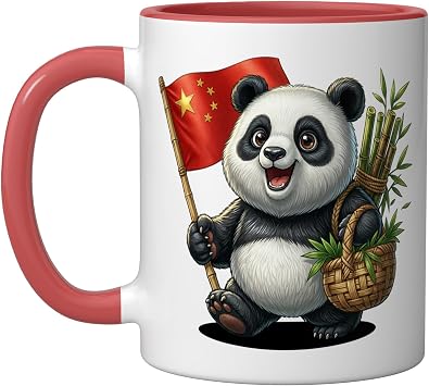 Cute Giant Panda China Flag Bamboo National Pride Heritage Ceramic Mug, Red/White