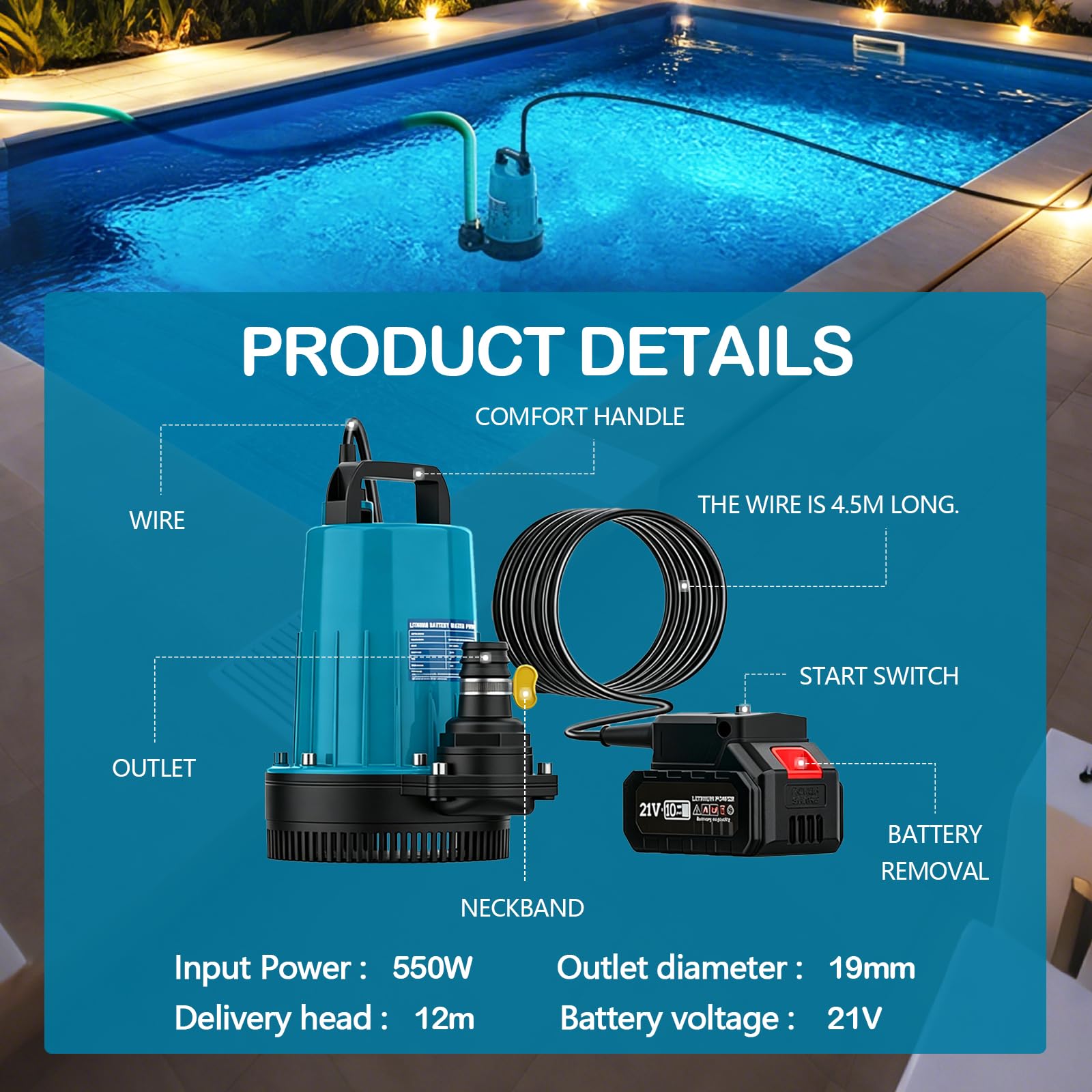 Akku Tauchpumpe, 11000 L/H Akku Klarwasserpumpe, 5m Verbindungskabe, Förderhöhe 12m, Tauchpumpe für Pool, Wasserbetten, Garten Dusche, Pfütze (Inklusive 21V Akku und Ladegerät)