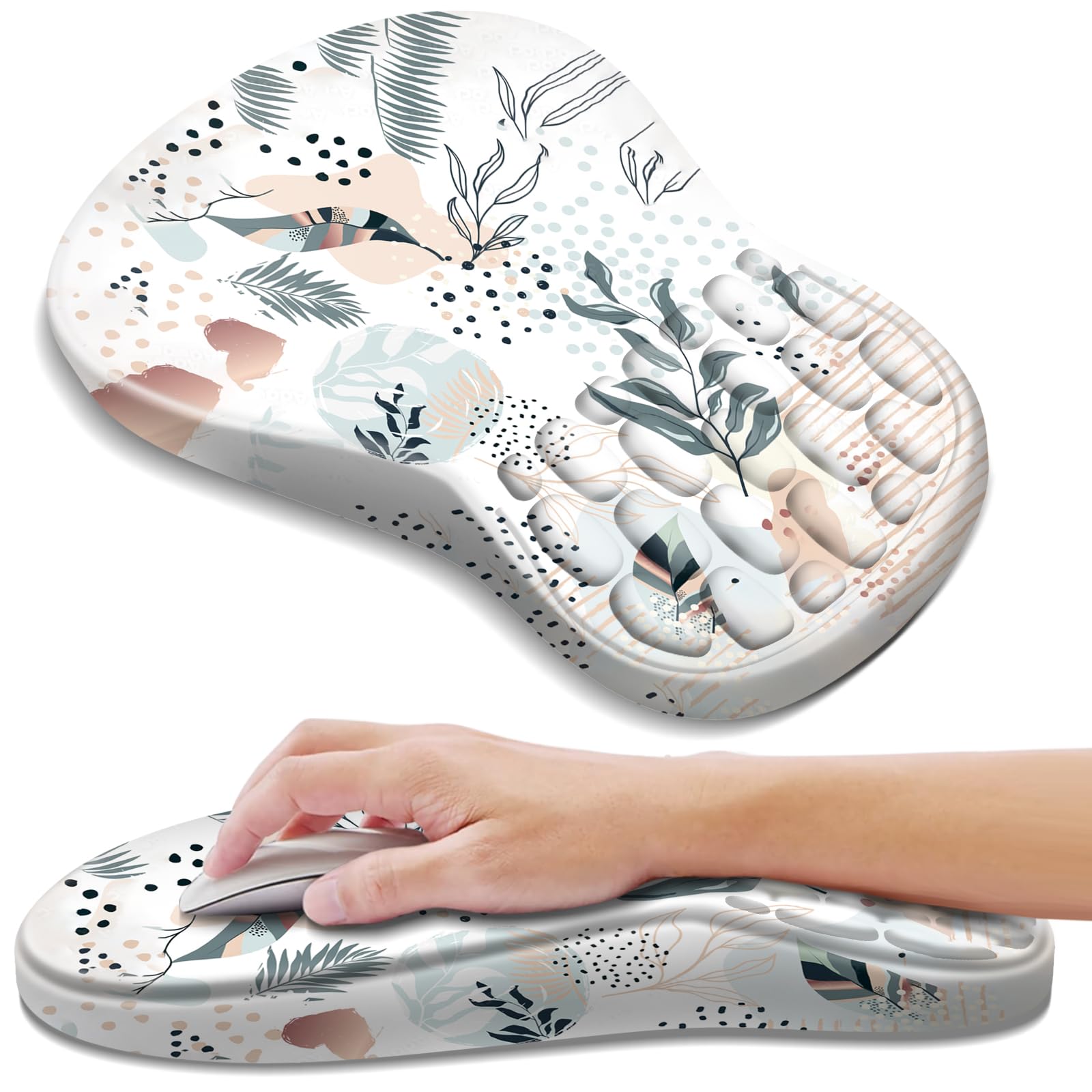 Ergonomic Mouse Pad with Wrist Rest Support, Mousepad with Comfortable Memory Foam Wrist Rest and Non-Slip PU Base for Pain Relief, Computer, Laptop, Office, Home (Boho Leaves)