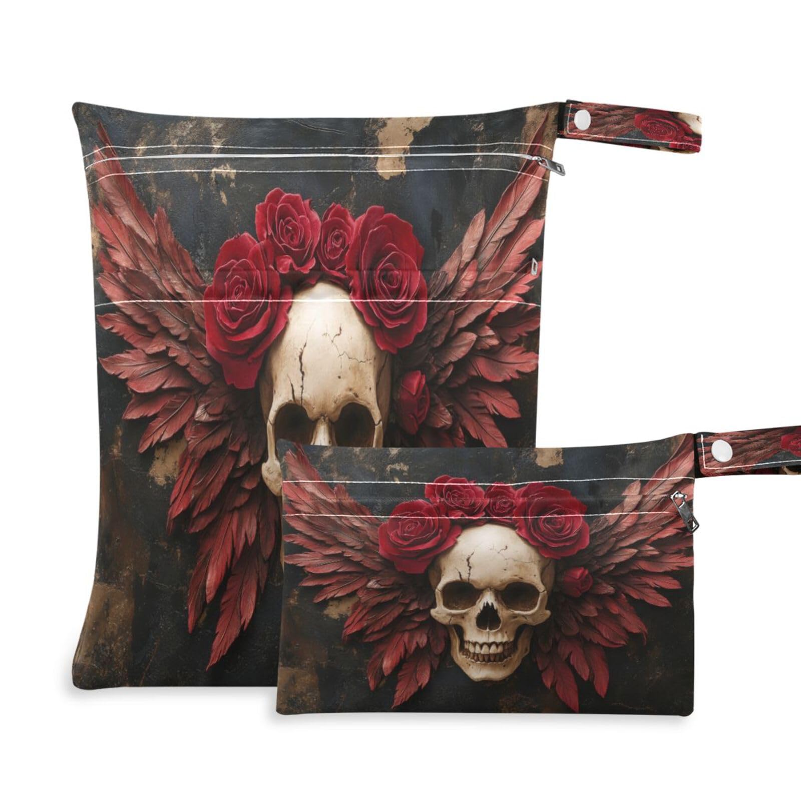 Takiito Valentine Skull Rose 2 Pcs Wet Dry Bags for Cloth Diapers, Waterproof & Reusable Wet Bag for Nursery Beach Pool Gym with Two Zippered Pockets