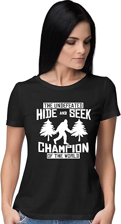 Go All Out Womens Undefeated Hide and Seek World Champion Funny Bigfoot T-Shirt
