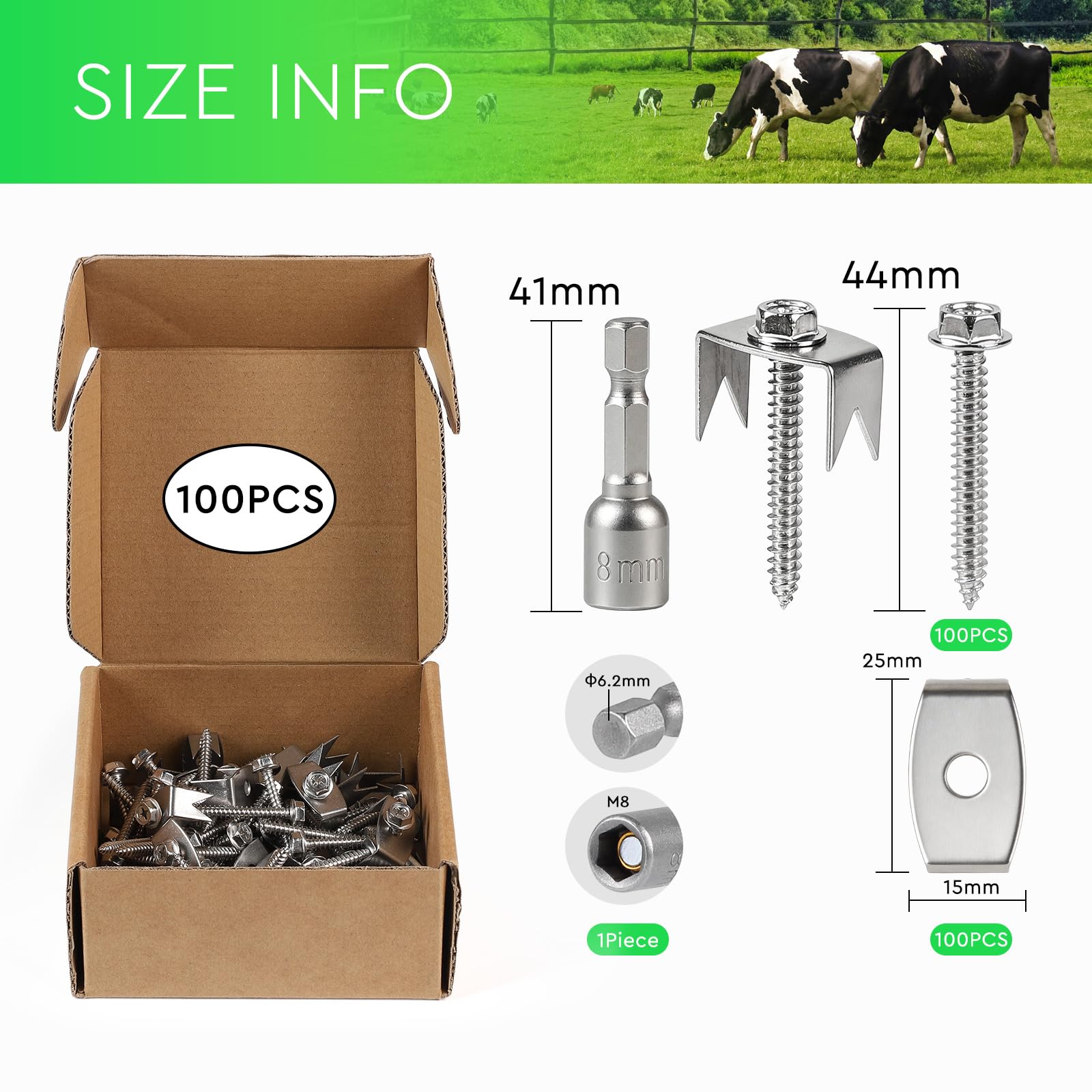 SWAWIS 100x Grapas para Vallas Reutilizables in Acero Inoxidable 304 | 45mm x M5, con M8 Adaptador, para Fijar Malla de Alambre de Acero Malla Tejida Malla Metálica a Postes de Madera