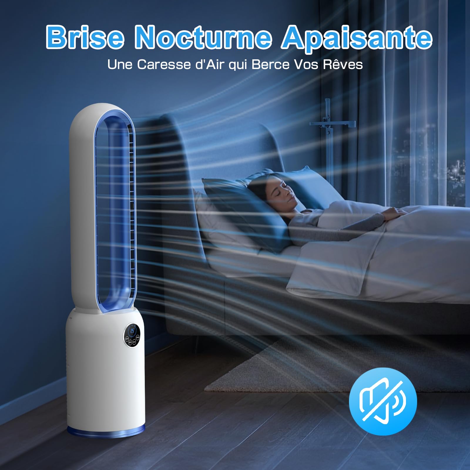 Ventilateur Colonne Silencieux, 90° Oscillation&24 Vitesses pour Ventilateur Sans Pale, Ventilateur Tour avec 12H Minuteries, Ventilateur Sans Lame avec Télécommande et Ecran Tactile (Bleu)