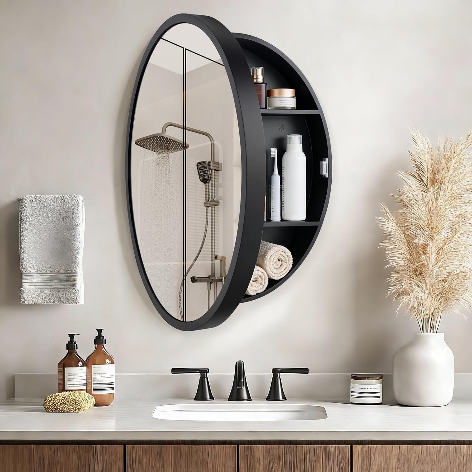 21 x 18 Inch Oval Bathroom Medicine Cabinet - Wall Mounted Mirror with Concealed Shelves, Premium Wooden Frame & Moisture-Proof Design, Space-Saving Storage for Bedroom (Oval, White, 21"*18")