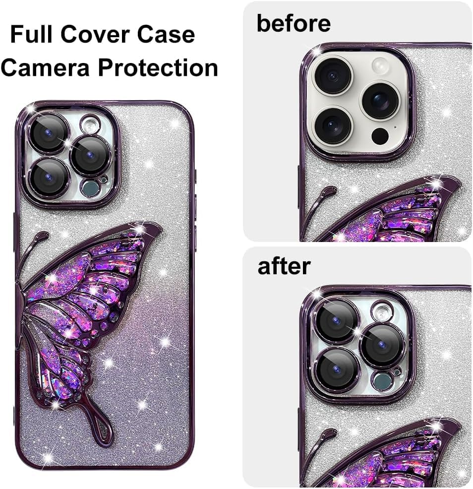 Image of SHINESTAR 3D Butterfly Case for iPhone 14 Pro Max Cover, Cute Girly Glitter Bling Luxury Back Cover for Women Girls Protective Shockproof Slim Camera Protection for iPhone 14 Pro Max - Purple