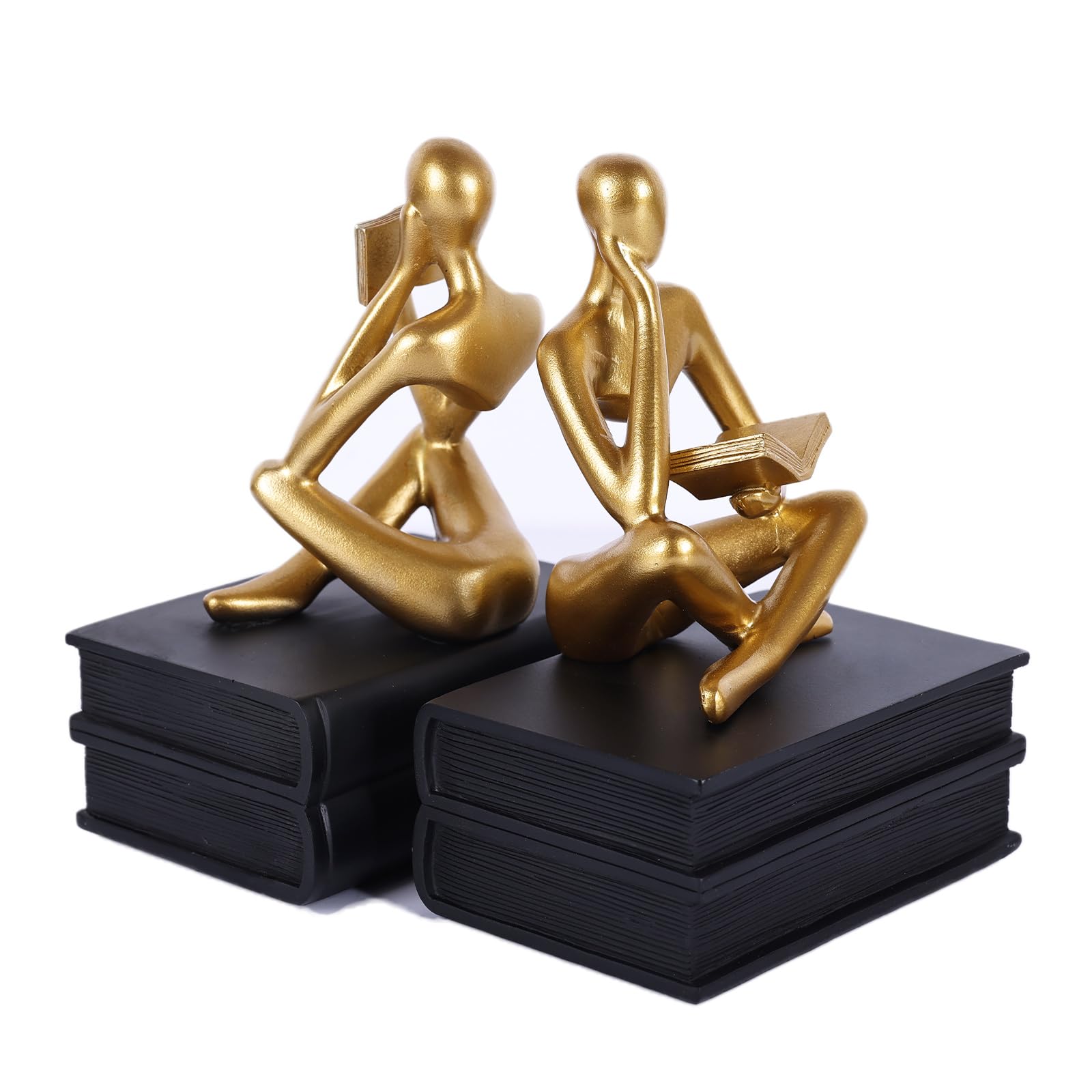 Lesefiguren-Buchstützen | Geschenke für Buchliebhaber | Regaldekoration für Leser, Absolventen, Schüler & Lehrer | Skulptur-Wohndekoration für Regal, Schreibtisch, Büro & Wohnzimmer (Schwarz/Gold)